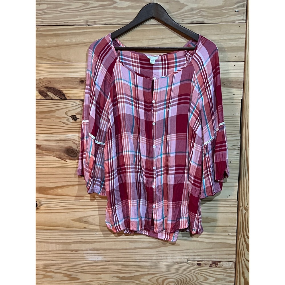Cato EST. 1946 Women's 18/20W Pink Plaid Bell Sleeve Lace Boho Cottage Top Tunic